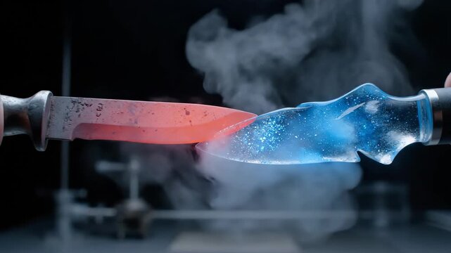 Two swords meet tip to tip, one blazing red-orange with fire, the other icy blue, forming a dramatic elemental clash of heat and cold on a dark studio background