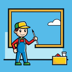 Cartoon painter character painting a sky scene