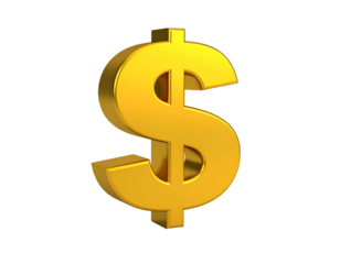 A shiny, golden, 3D dollar sign, set against a stark black background