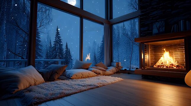 Cozy winter cabin interior with fireplace and snowy forest view