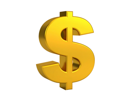 A shiny, golden, 3D dollar sign, set against a stark black background