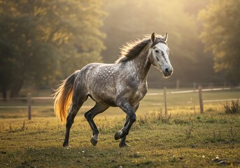 Beautiful Dapple Gray Horse Running Free in a Golden Meadow Field