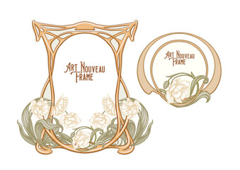 Set of art nouveau frames with floral ornaments, elegant botanical motifs and vintage decorative elements. Perfect for invitations, wedding cards, Victorian borders. Vector illustration, hand drawn.