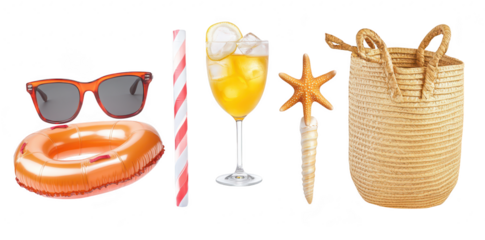 A summer scene featuring a stylish pair of sunglasses. a refreshing drink with ice and lemon. a colorful inflatable ring. a decorative starfish. and a woven beach bag. ideal for vacation planning