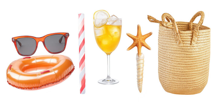 A summer scene featuring a stylish pair of sunglasses. a refreshing drink with ice and lemon. a colorful inflatable ring. a decorative starfish. and a woven beach bag. ideal for vacation planning