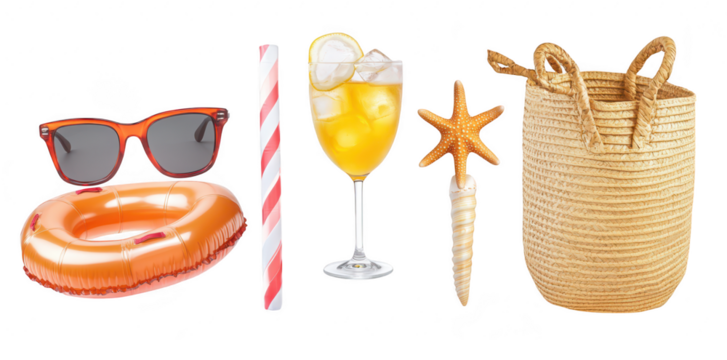 A summer scene featuring a stylish pair of sunglasses. a refreshing drink with ice and lemon. a colorful inflatable ring. a decorative starfish. and a woven beach bag. ideal for vacation planning
