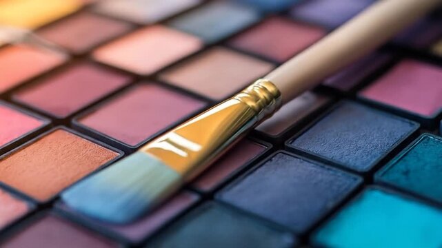 Colorful makeup palette with beauty brush for cosmetic application