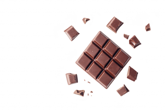 A visually appealing arrangement of dark chocolate squares with broken pieces scattered around. set against a clean white background. ideal for food photography or culinary use