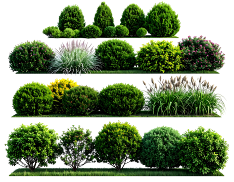 An assortment of various green, lush bushes and ornamental grasses in multiple rows