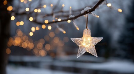 Decorative star ornament hanging from a snow-covered branch, illuminated with warm lights, surrounded by a soft bokeh of festive lights creating a magical winter atmosphere