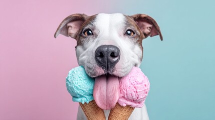 Obraz premium Happy dog with ice cream cones, enjoying a sweet summer treat against a colorful backdrop