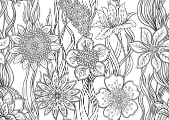 Ornate floral seamless pattern. Coloring page design. Elegant hand-drawn botanical motif with repeating layout for textile, wallpaper, classic flowers and foliage create a background