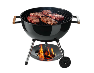 Black charcoal grill with steaks cooking over flames; smoke rising