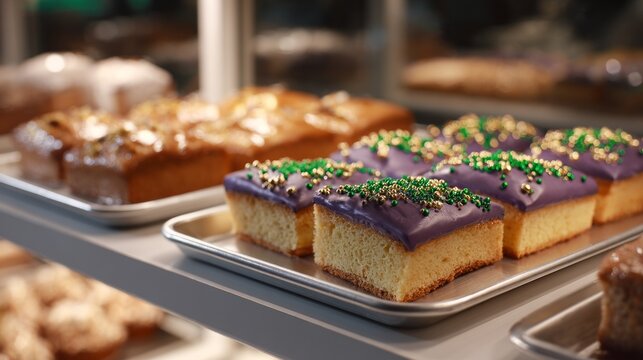 Colorful dessert display featuring vibrant purple frosted cake squares adorned with festive green and gold sprinkles, showcasing a delightful assortment of baked goods in a bakery setting