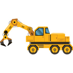 Yellow Industrial Excavator with Mechanical Claw Arm on Transparent Background for Construction and Heavy Machinery Concepts