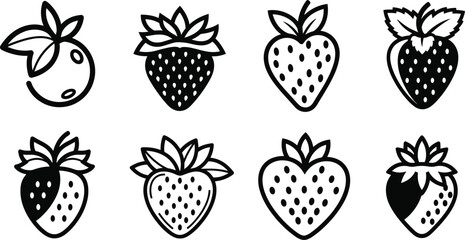 Strawberry icon set in black and white, simple fruit silhouette vector illustration, healthy organic berry design, minimal style graphic for decoration