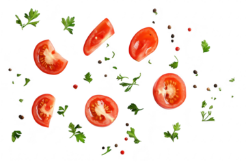 Freshly cut tomatoes arranged artistically on a clean white background. garnished with green parsley and colorful peppercorns. ideal for culinary presentations. recipes. or food blogs