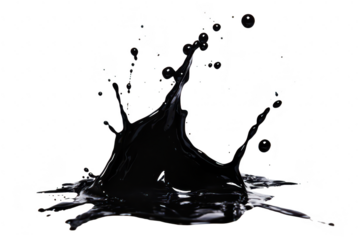 A dynamic splash of black liquid paint creates an artistic scene against a white background. fluid motion and texture. perfect for creative projects or abstract art