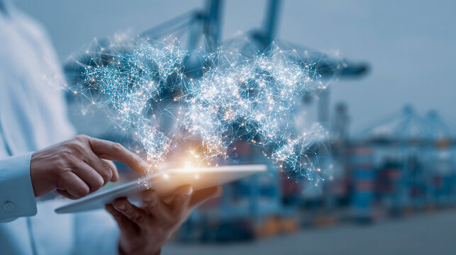 Man using digital tablet with glowing global network connection hologram overlay in industrial port symbolizing international logistics and smart technology integrat