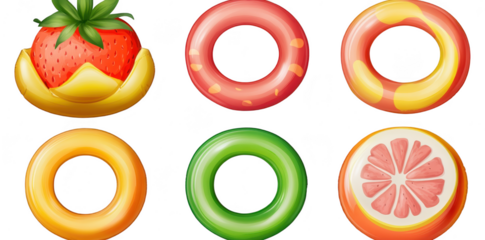 A collection of colorful. fruity donut illustrations featuring strawberry. pink frosting. orange. green. and grapefruit designs. perfect for dessert-themed projects or culinary marketing