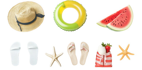A summer beach scene featuring a straw hat. colorful inflatable ring. juicy watermelon slices. white flip-flops. a starfish. and a stylish beach bag with ice cream. all arranged for a fun day at the s