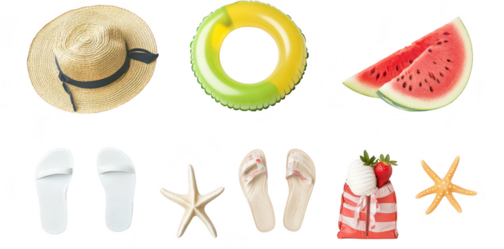 A summer beach scene featuring a straw hat. colorful inflatable ring. juicy watermelon slices. white flip-flops. a starfish. and a stylish beach bag with ice cream. all arranged for a fun day at the s