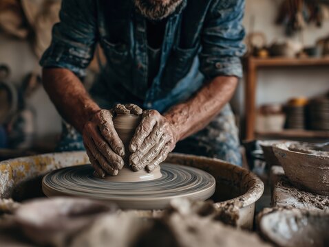 Crafting clay pottery on a wheel in a rustic workshop during the afternoon