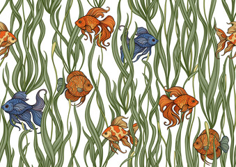 Seamless aquarium pattern with ornamental fish swimming among wavy green seaweed. Vector decorative design for textile and wallpaper, repeating tileable background tropical fish, detailed foliage