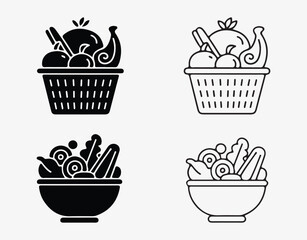 Healthy Eating Icons of Fresh Produce in Basket and Bowl Art