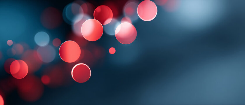 Abstract composition of glowing red bokeh circles on a dark blue blurred background with soft light effects and depth of field