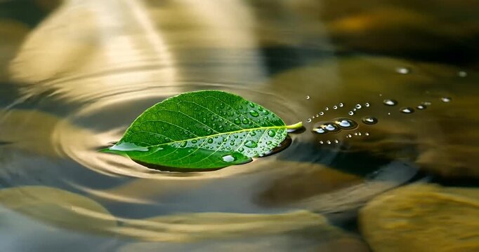 A single green leaf with droplets floating on water, surrounded by smooth pebbles, reflecting light