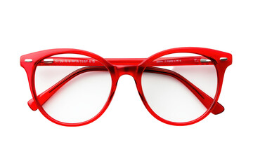 A pair of red cat-eye glasses displayed against a clean white background. emphasizing their unique design and color. ideal for fashion and accessory promotions