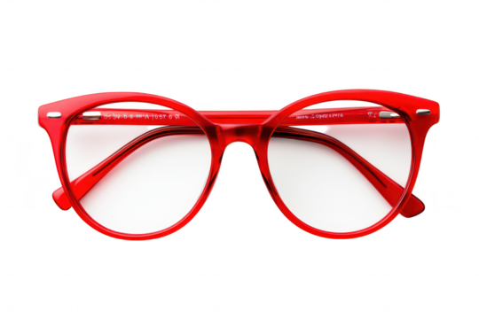A pair of red cat-eye glasses displayed against a clean white background. emphasizing their unique design and color. ideal for fashion and accessory promotions