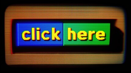 Obraz premium Retro Pixelated Click Here Button On Screen