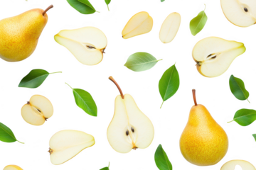 A arrangement of whole and sliced pears surrounded by green leaves on a clean white background. the freshness of the fruit. ideal for culinary or health-related content