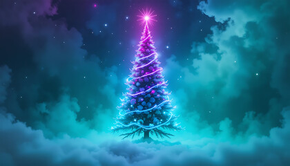 Festive Christmas Tree with Bright Pink Star in Mystical Night Sky