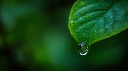 A close-up view of a water droplet clinging to a vibrant green leaf in a dense forest. The scene captures the fresh essence of nature in the early morning light, showcasing the beauty of the outdoors