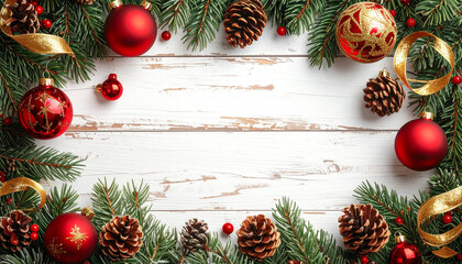Festive Christmas Frame with Ornaments and Pine Cones on White Wood.