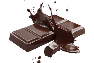 A close-up view of rich. dark chocolate bars splashing into a pool of melted chocolate. the texture and sheen. ideal for culinary and dessert-related content