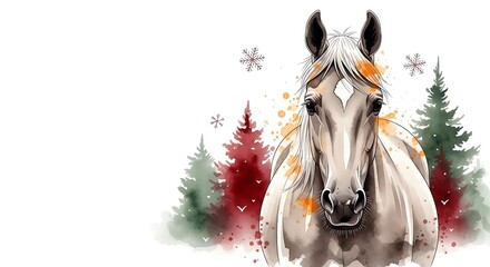 Horse symbolizing the New Year with a festive backdrop of trees and snowflakes, copy space included