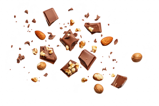 An artistic arrangement of chocolate pieces. nuts. and broken chocolate fragments scattered on a clean white background. ideal for food photography and advertising
