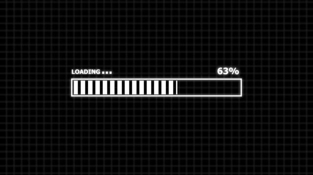 Glowing loading bar animation on grid background. Futuristic process bar 0 to 100 percent loading animation. White color loading icon animation.