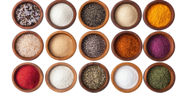 A assortment of spices displayed in wooden bowls arranged in a grid. various colors and textures. perfect for culinary use or food photography