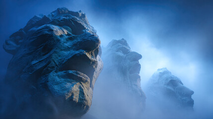 Majestic rock faces emerging from misty blue fog with intense expressions carved in stone against a dramatic sky at dawn or dusk time