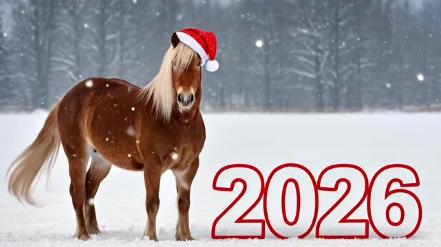 Playful horse wearing a Santa hat stands in snowy landscape, with festive 2026 numbers nearby, capturing a whimsical holiday spirit, camera pans slightly
