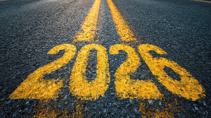 Yellow road markings display the year 2026 on a straight asphalt road under a blue sky. The scene suggests journey and anticipation for the upcoming years