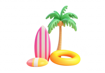 A beach scene featuring a pink striped surfboard. a yellow inflatable ring. and a lush green palm tree. evoking a fun summer atmosphere perfect for vacation-themed projects