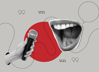 Halftone hand with microphone and open mouth with speech bubble message,trendy collage cut out elements,online broadcasting concept