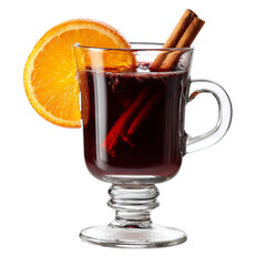 Glass of hot mulled wine with cinnamon stick and orange slice. Isolated white background. Png format