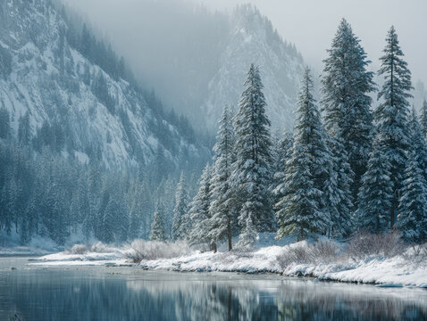 Tranquil snowy pine forest along a calm river with misty mountain backdrop creating a serene winter landscape scene in nature